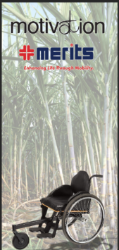 Motivation and Merits logos with wheelchair and grass on background